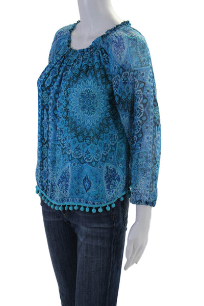 Chaser Women's Round Neck Long Sleeves Tassel Paisley Blouse Blue Size M