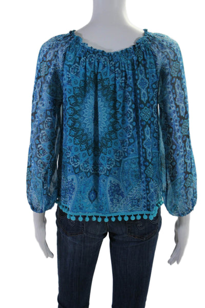 Chaser Women's Round Neck Long Sleeves Tassel Paisley Blouse Blue Size M