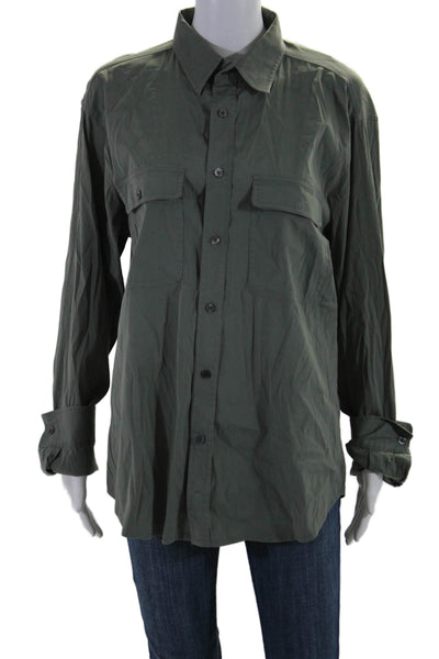 Theory Women's Long Sleeves Button Down Patch Pockets Shirt Olive Green Size L