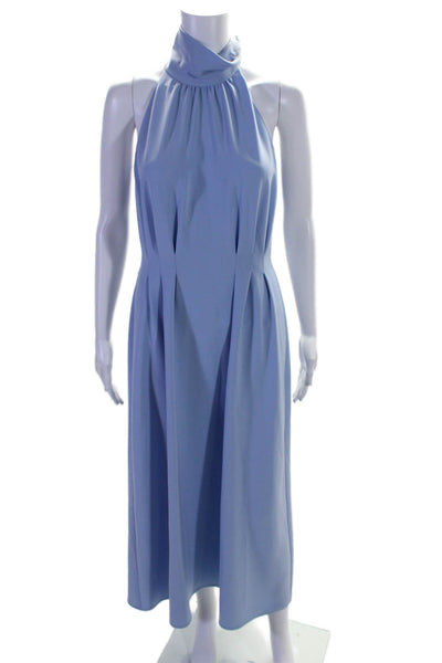 Lela Rose Womens Pleated High Neck Sleeveless Zip Up Maxi Dress Blue Size M