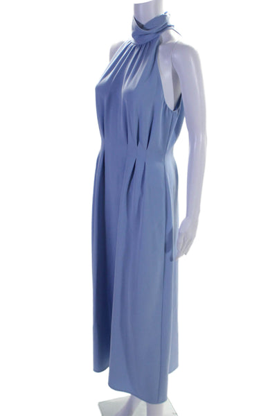 Lela Rose Womens Pleated High Neck Sleeveless Zip Up Maxi Dress Blue Size M