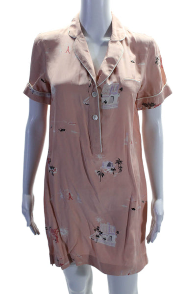 J Crew Womens Silk Short Sleeve Button Up Graphic Print Sleep Dress Pink Size 2