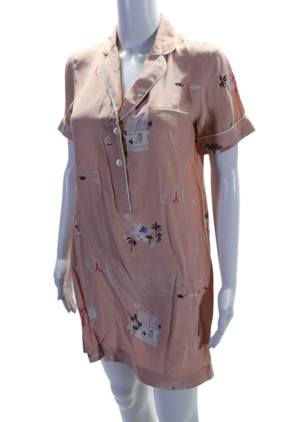 J Crew Womens Silk Short Sleeve Button Up Graphic Print Sleep Dress Pink Size 2