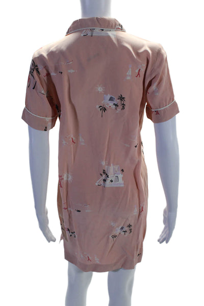 J Crew Womens Silk Short Sleeve Button Up Graphic Print Sleep Dress Pink Size 2