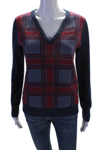 Equipment Femme Womens Long Sleeve V Neck Plaid Sweater Blue Red Wool Size XS