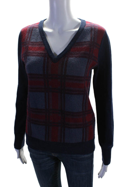 Equipment Femme Womens Long Sleeve V Neck Plaid Sweater Blue Red Wool Size XS