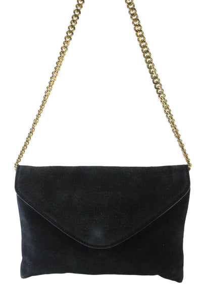 J Crew Womens Suede Texture Gold Toned Chain Clutch Shoulder Bag Black OS