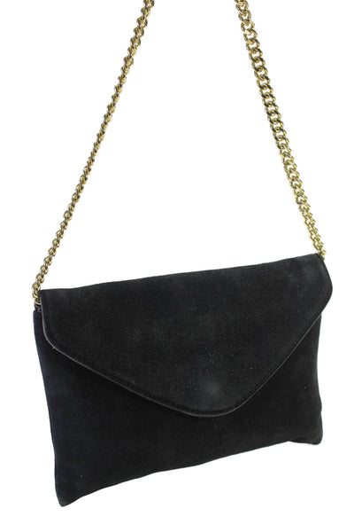 J Crew Womens Suede Texture Gold Toned Chain Clutch Shoulder Bag Black OS