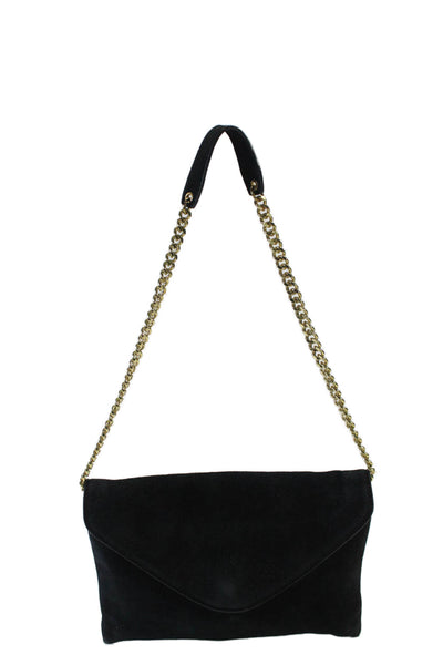 J Crew Womens Suede Texture Gold Toned Chain Clutch Shoulder Bag Black OS