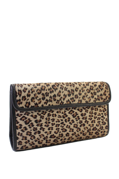 Donald J Pliner Women Textured Magnet Clasp Hand Held Cheetah Clutch Bag Brown O