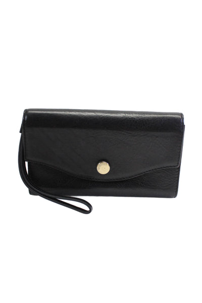 Uterque Womens Leather Gold Tone Hardware Button Zip Handle Strap Wallet Black O