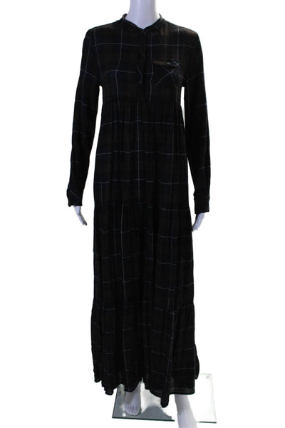 Warm Womens Plaid Button Down Long Sleeves A Line Dress Navy Blue Brown Size Med