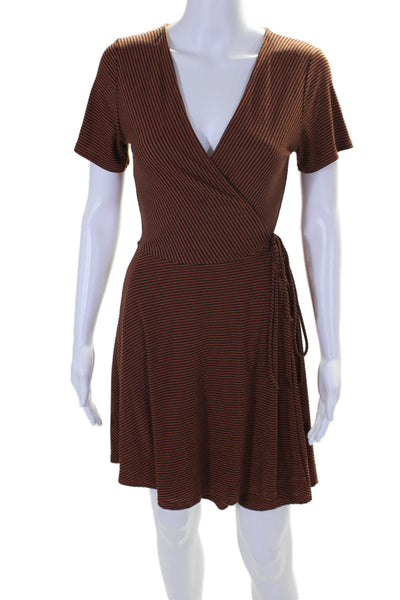 Mod Ref Womens Brown Striped V-neck Short Sleeve Knee Length Wrap Dress Size S