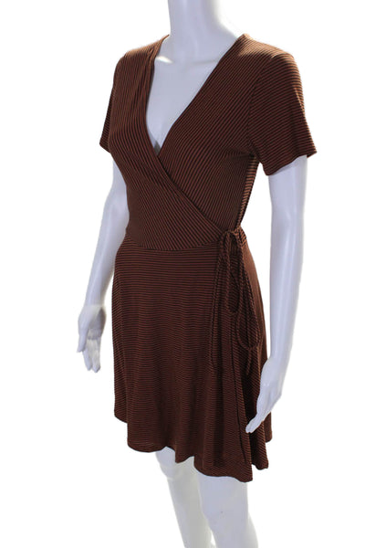 Mod Ref Womens Brown Striped V-neck Short Sleeve Knee Length Wrap Dress Size S