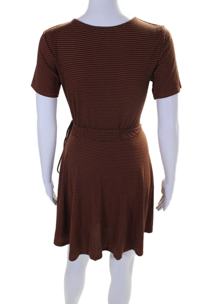 Mod Ref Womens Brown Striped V-neck Short Sleeve Knee Length Wrap Dress Size S