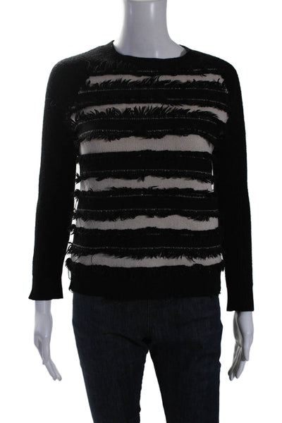 Haute Hippie Womens Merino Wool Long Sleeve Striped Fringe Sweater Black Size S