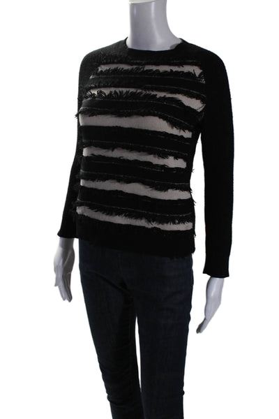 Haute Hippie Womens Merino Wool Long Sleeve Striped Fringe Sweater Black Size S