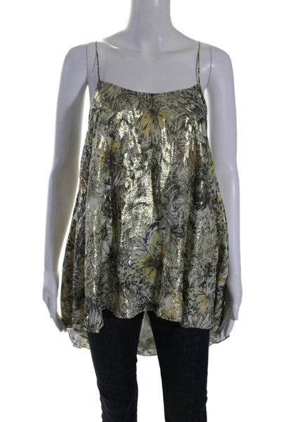 Haute Hippie Womens Metallic Floral Print Sleeveless High Low Blouse Gold Size M