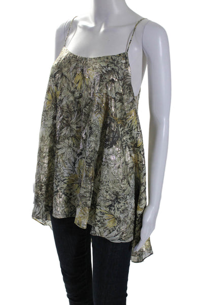 Haute Hippie Womens Metallic Floral Print Sleeveless High Low Blouse Gold Size M