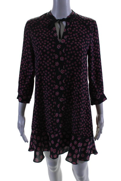 Whistles Womens Floral Print Key Hole Neck A Line Dress Black Pink Size 4