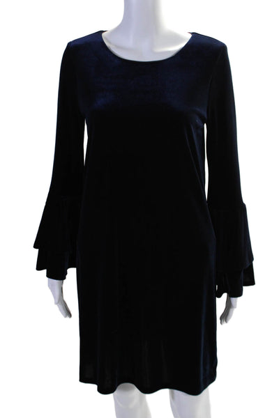 Aqua Womens Velvet Long Bell Sleeve Trim Round Neck Shift Dress Blue Size L