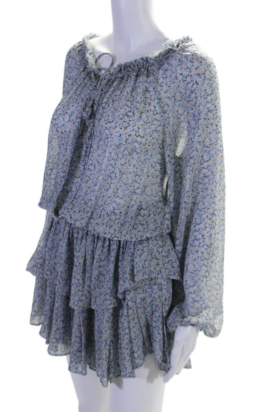 Love Shack Fancy Womens Silk Floral Long Sleeve Tiered Blouson Dress Blue Size M