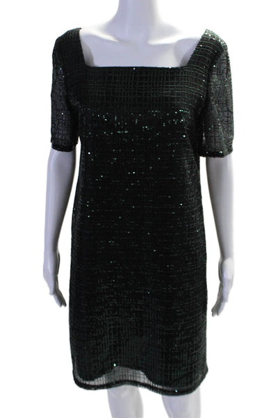 Goat Womens Short Sleeve Square Sequin Shift Dress Green Size 8