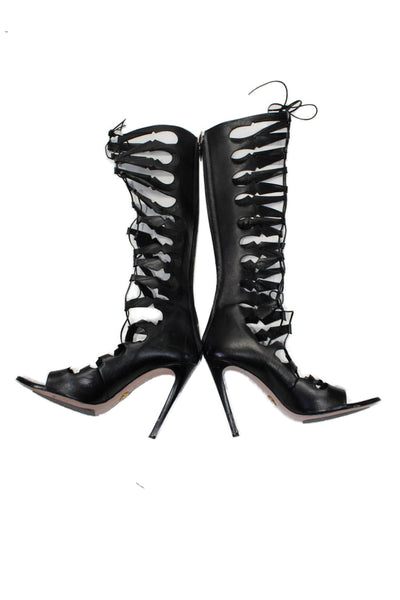 Oscar Tiye Women's Open Toe Lace Up Gladiator Boots Boots Black Size 41