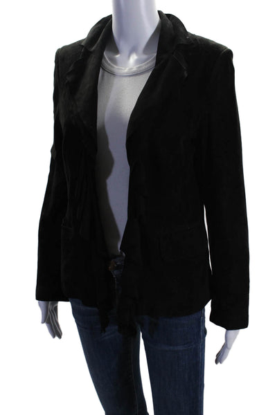 Olan Mori Womens Suede Ruffled Front Long Sleeves Jacket Black Size Small