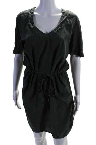 James Perse Womens Silk V Neck Short Sleeves Belted Shirt Dress Gray Size 3