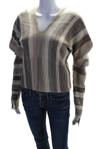 Jonathan Simkhai Womens V-Neck Long Sleeves Ribbed Pullover Sweater Brown Size S