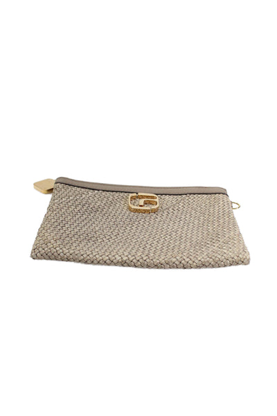 Designer Mens Woven Zipped Closure Logo Medallion Charmed Wallet Beige