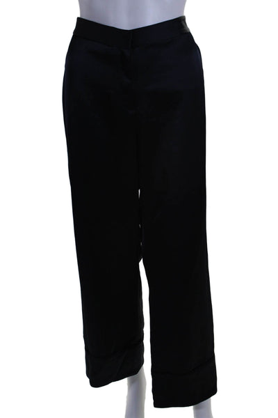 Theory Women's Hook Closure Flat Front Wide Leg Pants Navy Blue Size 12