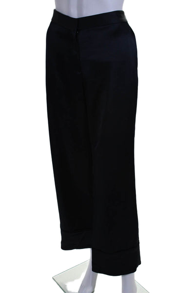 Theory Women's Hook Closure Flat Front Wide Leg Pants Navy Blue Size 12