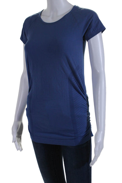 Athleta Womens Short Sleeve Ruched Athletic T shirt Blue Size S