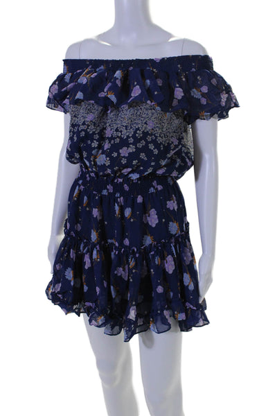 Misa Womens Blue Floral Ruffle Off Shoulder Short Sleeve Shift Dress Size S