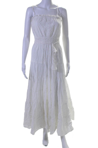 Playa Lucila Womens Cotton White Eyelet Sleeveless Midi Tiered Dress Size S