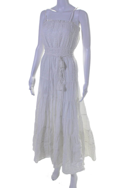 Playa Lucila Womens Cotton White Eyelet Sleeveless Midi Tiered Dress Size S