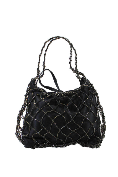 Bottega Veneta Womens Beaded Overlay Satin Vintage Mini Evening Handbag Black