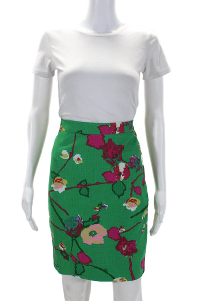 J Crew Womens Back Zip Knee Length Floral Pencil Skirt Green Cotton Size 2