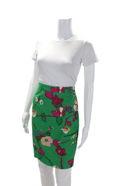 J Crew Womens Back Zip Knee Length Floral Pencil Skirt Green Cotton Size 2