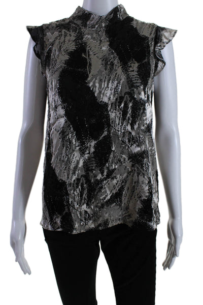 Reiss Womens Short Sleeve Crew Neck Satin Abstract Top Black Brown Size 6