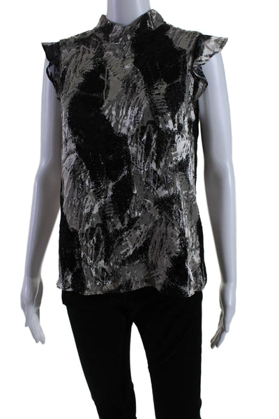 Reiss Womens Short Sleeve Crew Neck Satin Abstract Top Black Brown Size 6