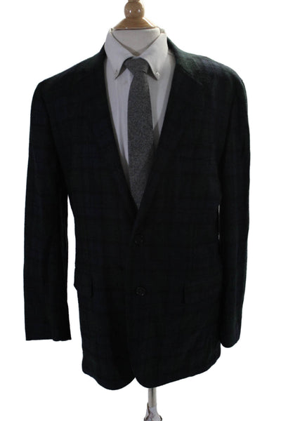 Brooks Brothers Mens Plaid Blazer Navy Blue Green Wool Blend Size 46 Regular