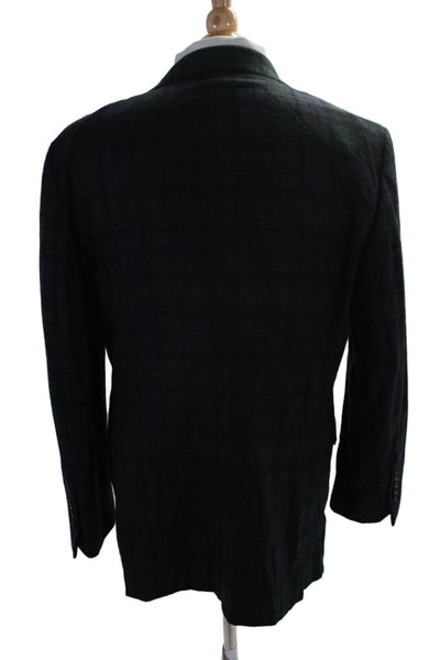 Brooks Brothers Mens Plaid Blazer Navy Blue Green Wool Blend Size 46 Regular