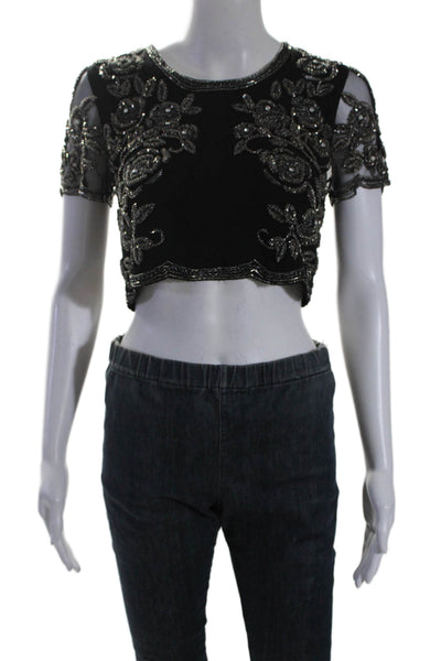 Haute Hippie Womens Silk Short Sleeve Beaded Cropped Blouse Black Size XS