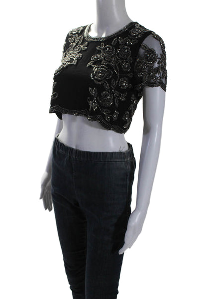 Haute Hippie Womens Silk Short Sleeve Beaded Cropped Blouse Black Size XS