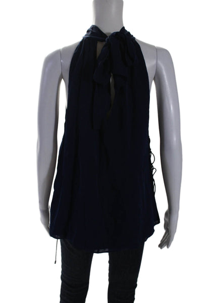 Haute Hippie Womens Silk Halter Neck Lace Up Sleeveless Blouse Navy Size M