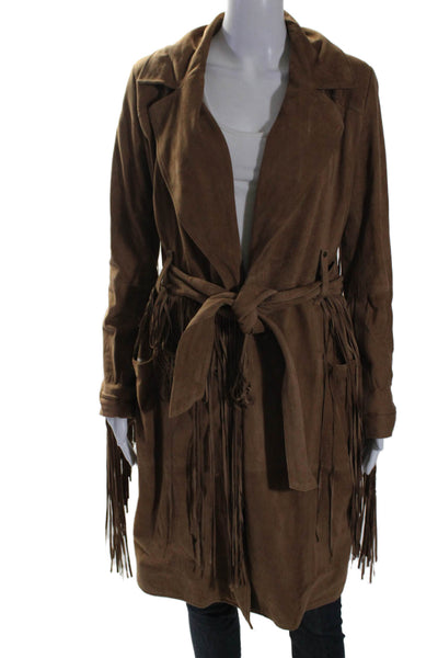 Fiocchi Womens Suede Fringe Trim Open Front Belted Jacket Brown Size S