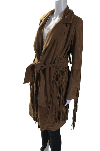 Fiocchi Womens Suede Fringe Trim Open Front Belted Jacket Brown Size S